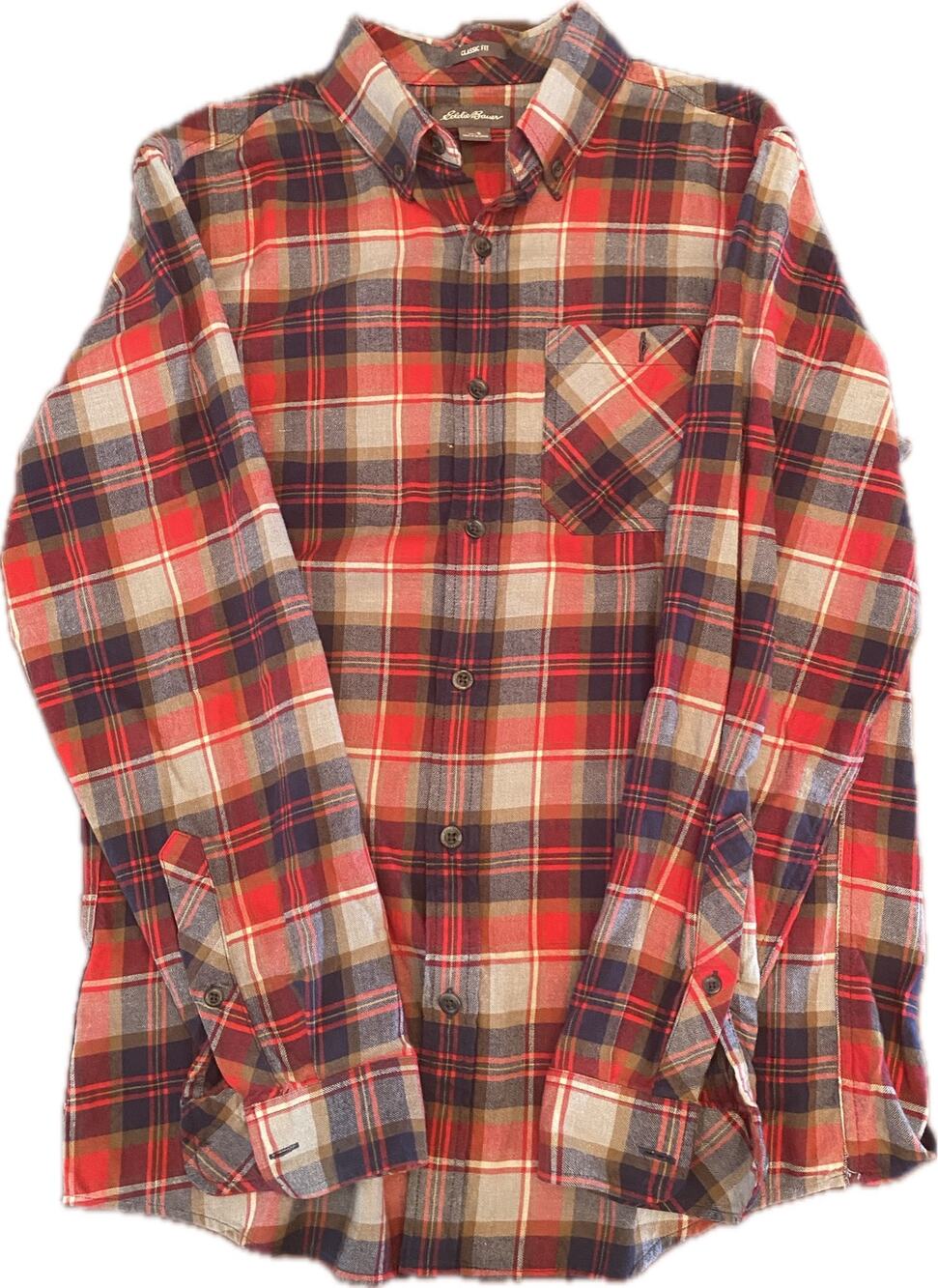 Eddie Bauer Men's Plaid Flannel Shirt Classic Fit - Red/Grey/Navy